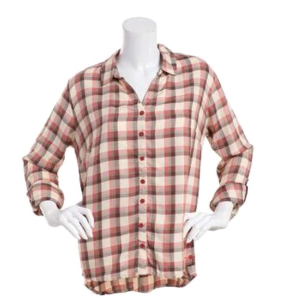 Erika Whitney | Long Sleeve roll up Checkered Button Front Top coral stone | L